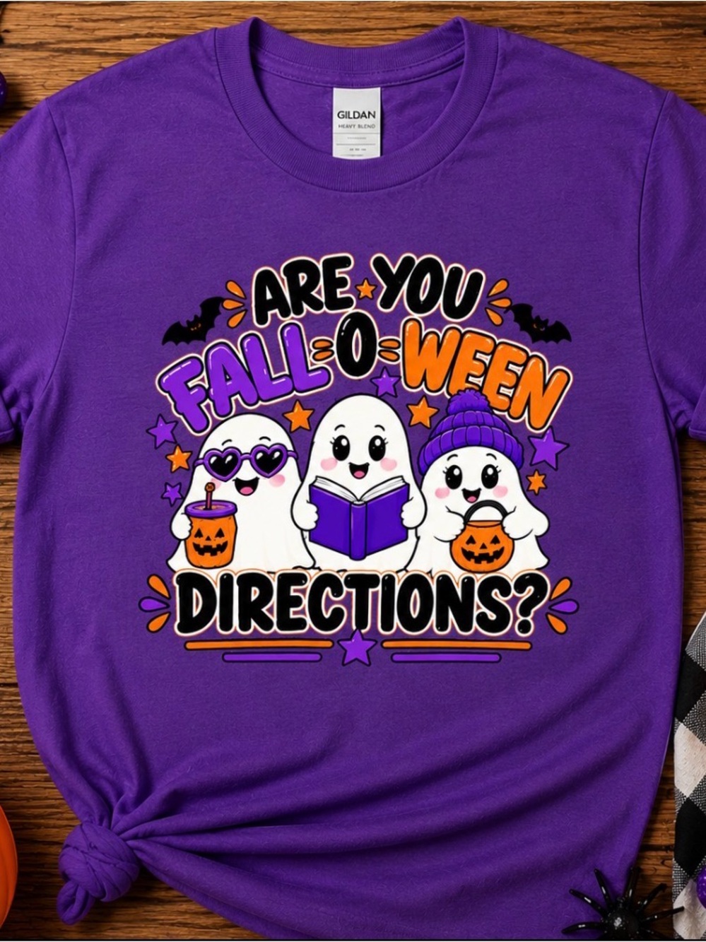 Teacher gildan Purple Halloween Tee with Ghosts and Festive Orange Accents